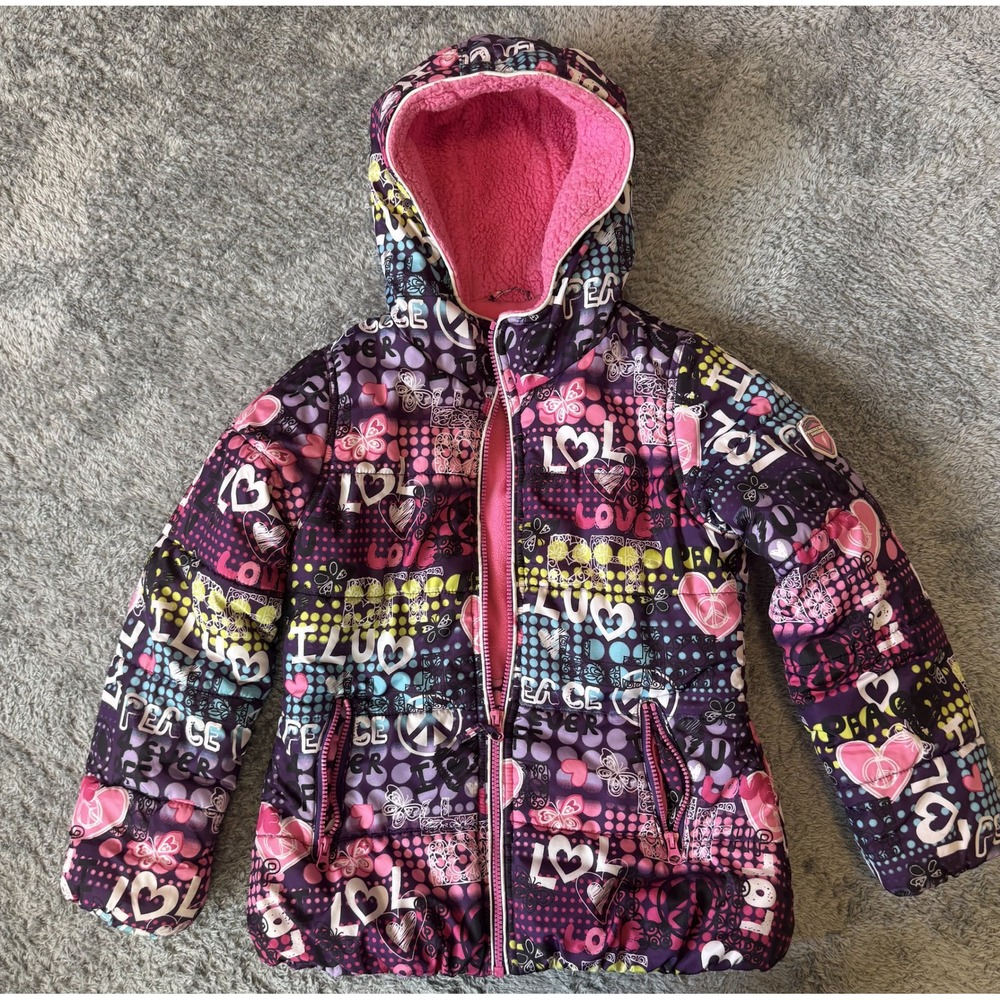 Protection System Girls Hooded Puffer Jacket 10/12 Purple Graffiti Sherpa Lined